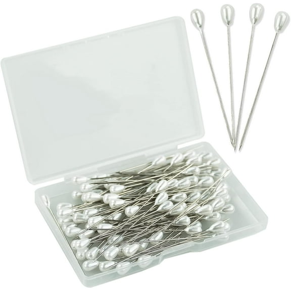 100PCS Teardrop Pearl Sewing Pins, 2inch Straight Hat Pins Corsage Pins Wedding Bouquet Pins With Box For DIY Crafts Jewelry Making Wedding Flower Decorations, Silver