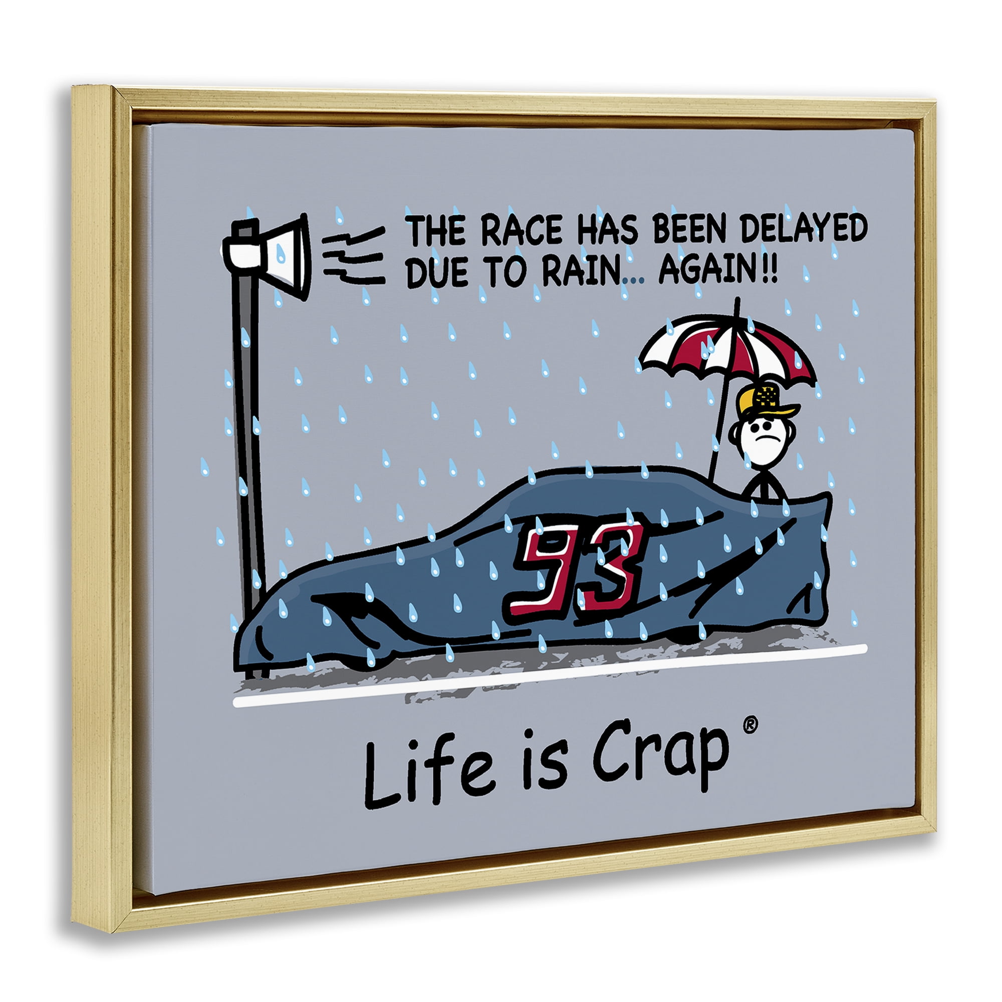 Stupell Industries Rain Delayed Race Novelty & Humor Painting Gold Floater Framed Canvas Art Print Wall Art, 31 x 25