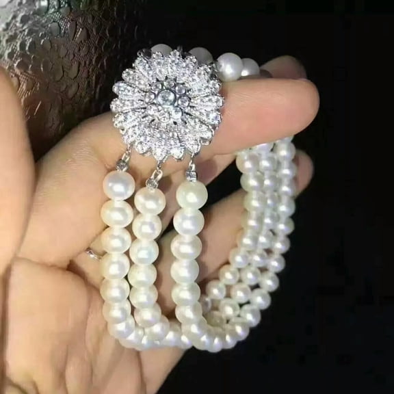 K-KED 3 Rows Beautiful AAA  7-8mm Akoya White Pearl Bracelet 7.5"-8 Inch 925s