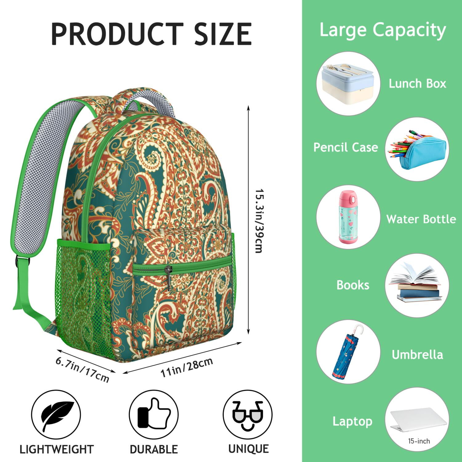 Elegant Exotic Paisley Backpack - Lightweight Waterproof School Bag with Adjustable Shoulder Straps