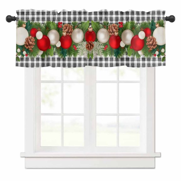 Christmas Balls Valances for Windows Red White Winter Green Trees Black Plaid Rod Pocket Curtain Valance Window Treatment Short Curtains for Kitchen Living Room, 42"x12"