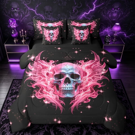 Castle Fairy Y2K Gothic Winged Skull 7-Piece Twin Bedding,Sparkle Flame Star Artwork Bedding Comforter Set,Hot Pink Black,Black Reversible