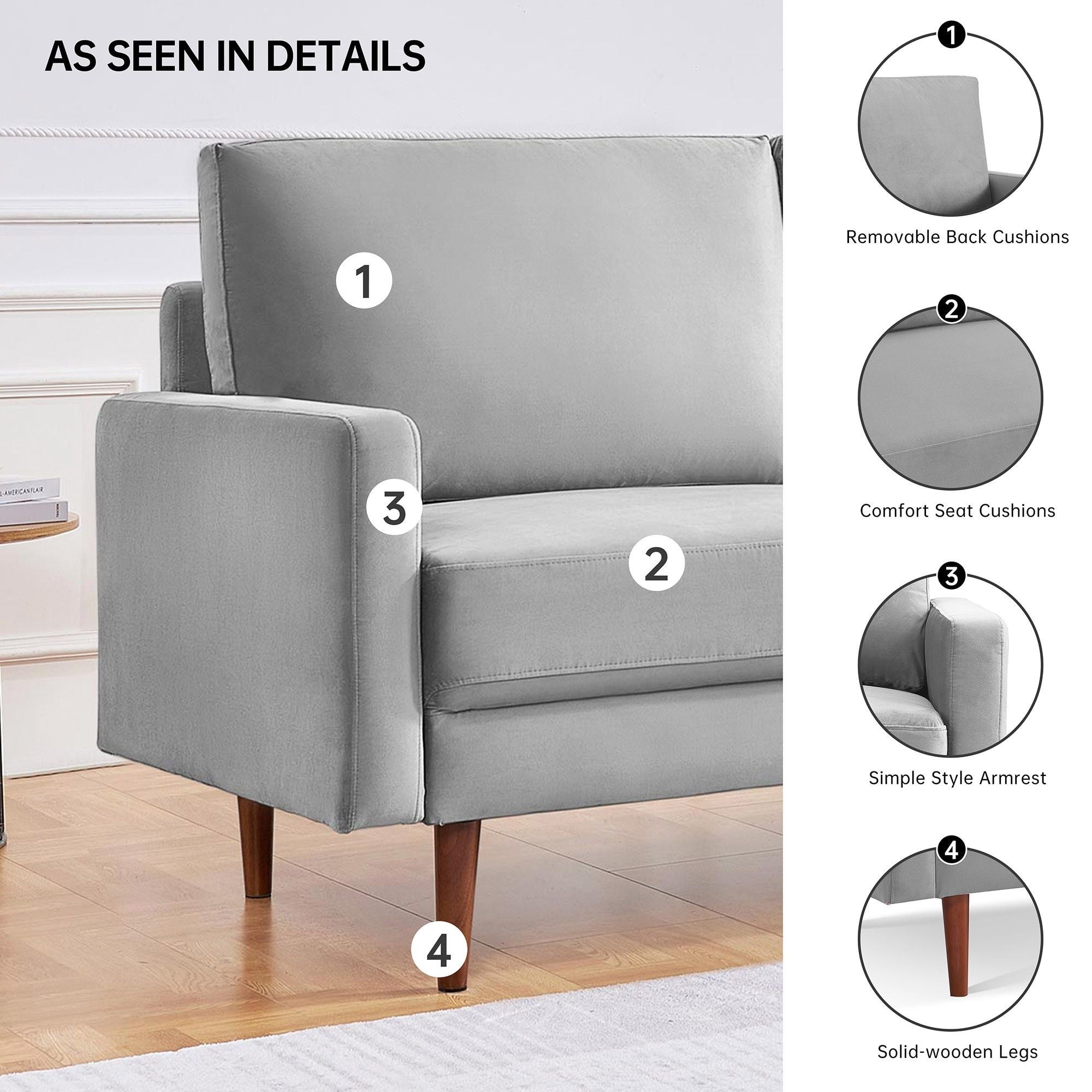 Lovelock 57" Mid-Century Modern Sofa Couch, Velvety Smooth Upholstered Loveseat with Wooden Legs, Suitable for Apartment, Dorm, Bedroom, Grey