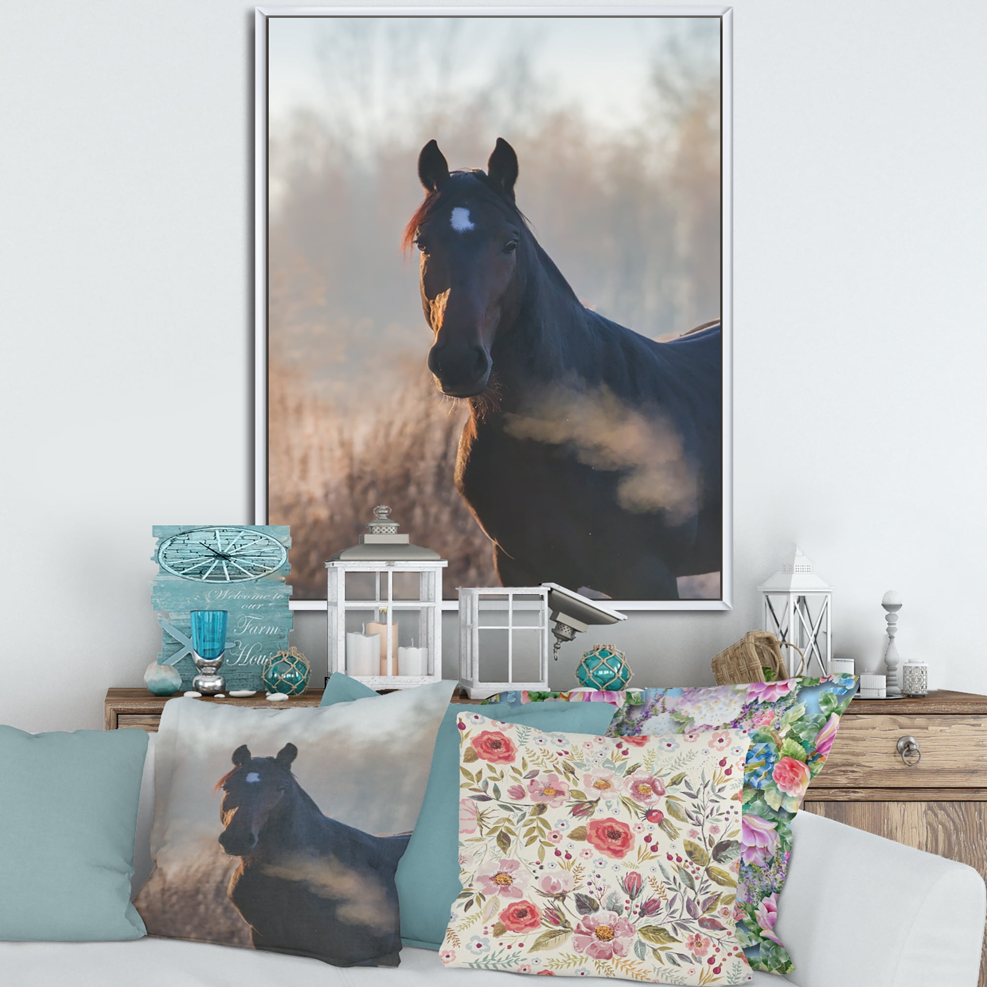 Designart 'Close Up Portrait Of A Horse On An Autumn Morning' Farmhouse Framed Canvas Wall Art Print