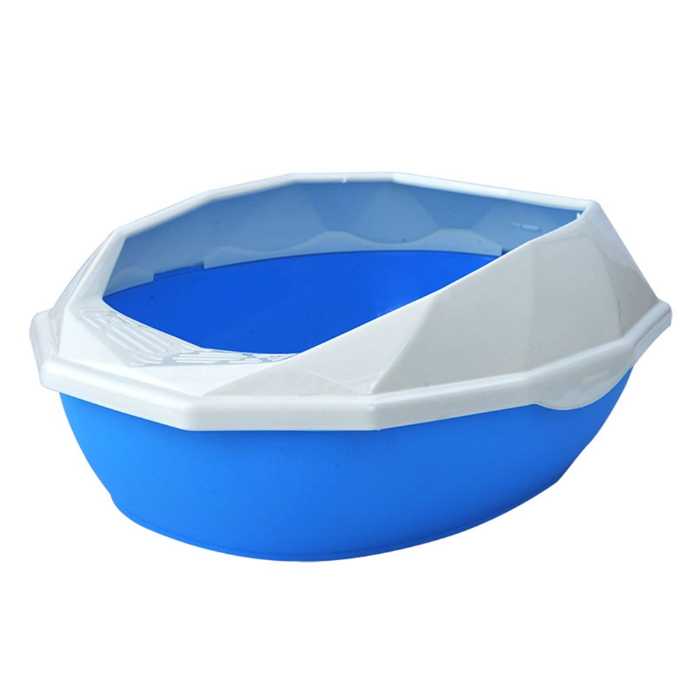 Cat litter box open top tall side walls removable shell diamond rimmed litter pan light blue