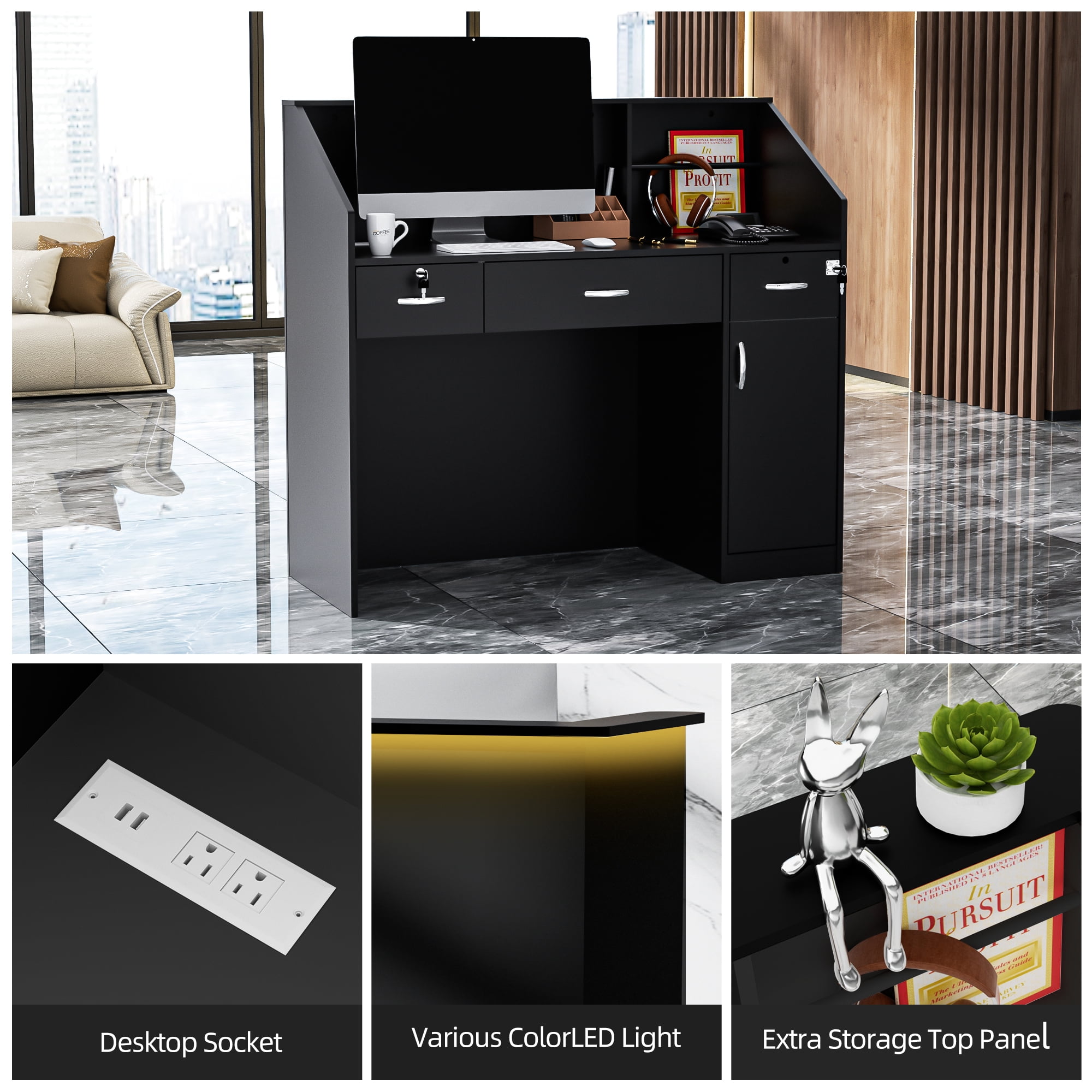 AHB 50-inch Reception Desk with Counter, Front Desk Office Desk with Storage Shelves & LED Lights, Black