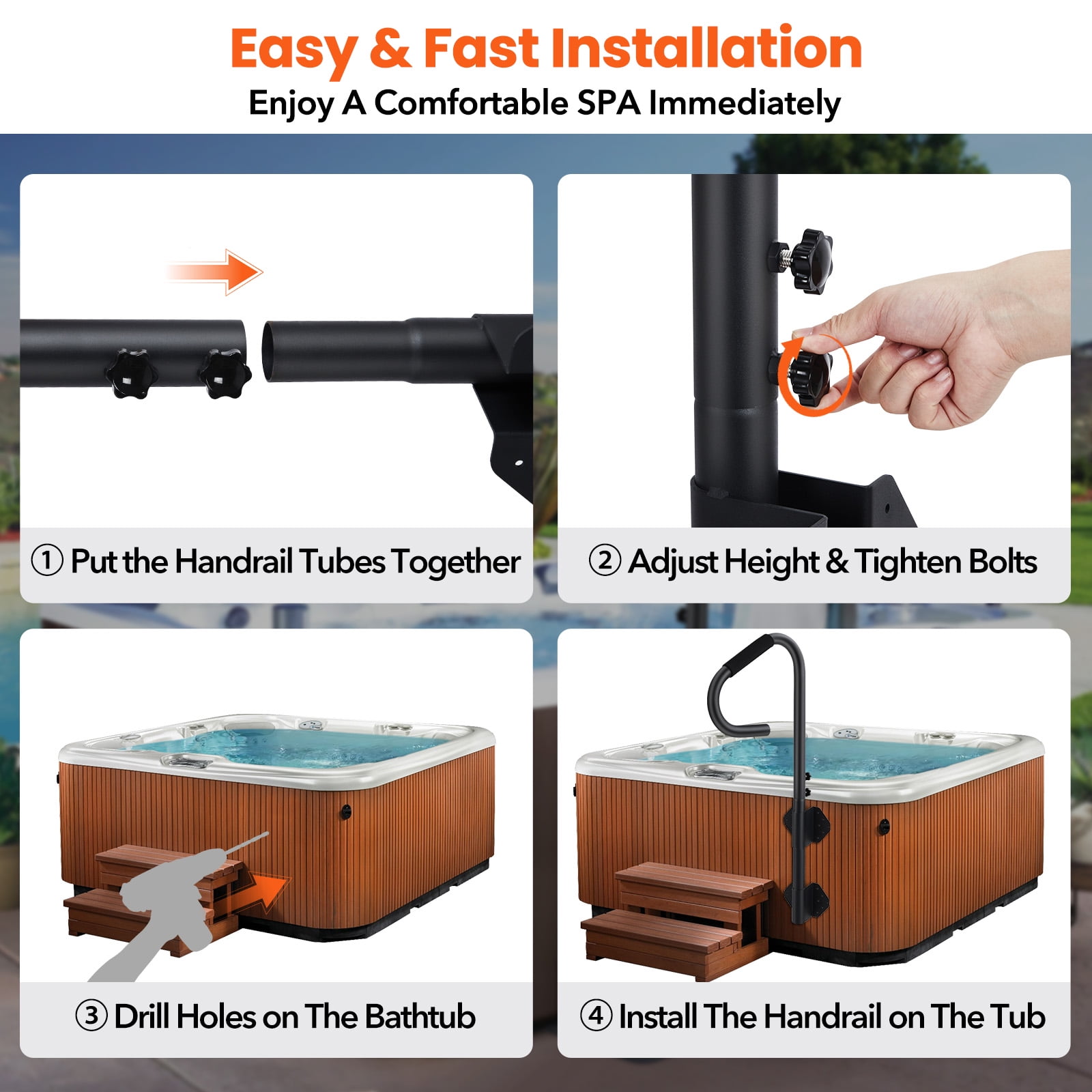 M optimized 600 LBS Hot Tub Handrail, 360° Rotatable Spa Side Handrail with 18"～48" Adjustable Height, Hot Tub Hand Rail with Slide-Under Base and Non-Slip Grip for Indoor & Outdoor