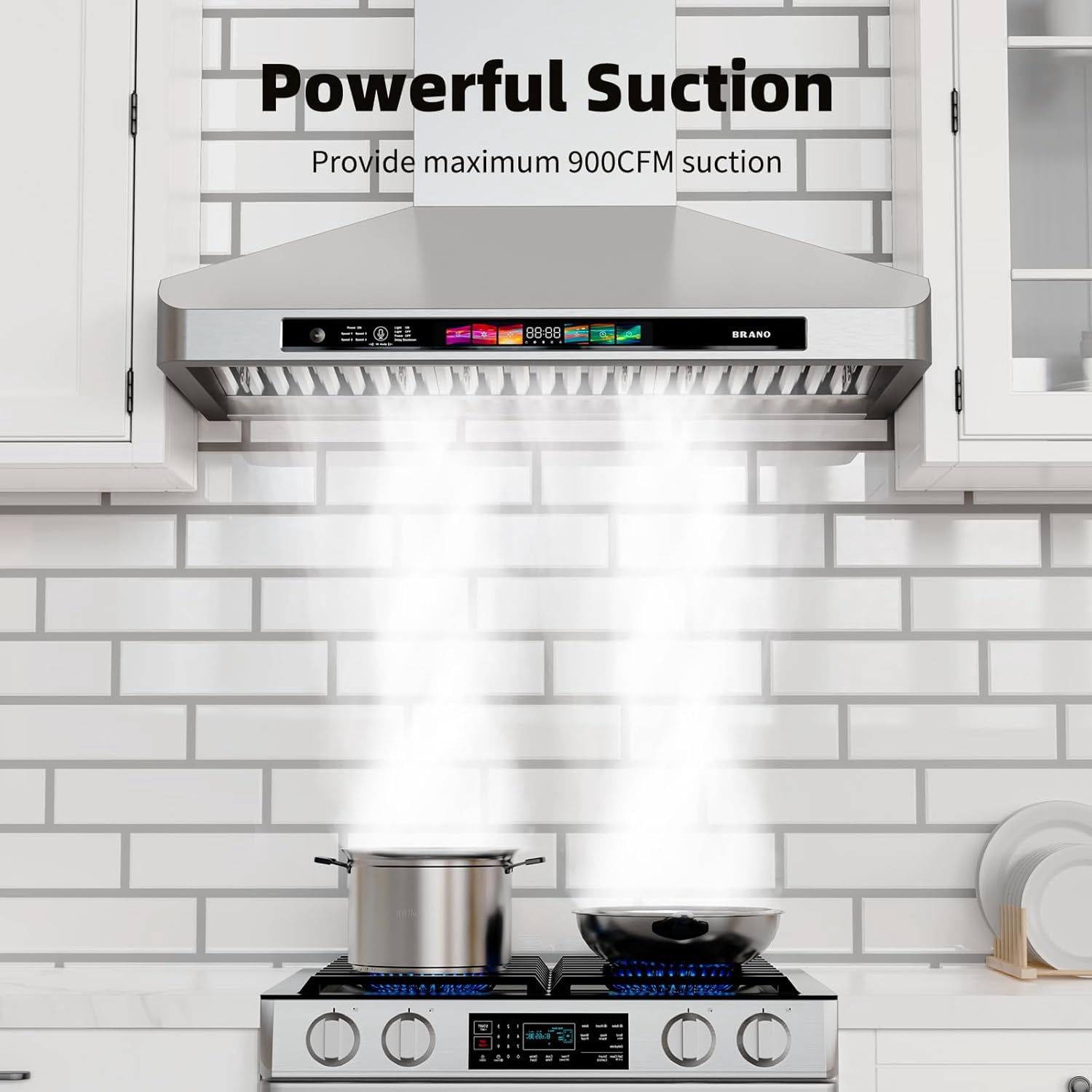 30 Inch Wall Mount Range Hood,900 CFM Kitchen Vent Hood,Kitchen Chimney Vent Stainless Steel with Voice Control/Gesture Sensing/Touch Control Switch Panel, 2 Pcs Adjustable Lights