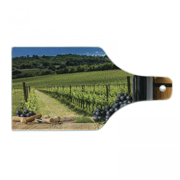 Winery Cutting Board, Red Wine Bottles with Grapes on Timber Board Tuscany Italian Terrace Scenery, Tempered Glass Cutting and Serving Board, Wine Bottle Shape, Green Blue Brown, by Ambesonne