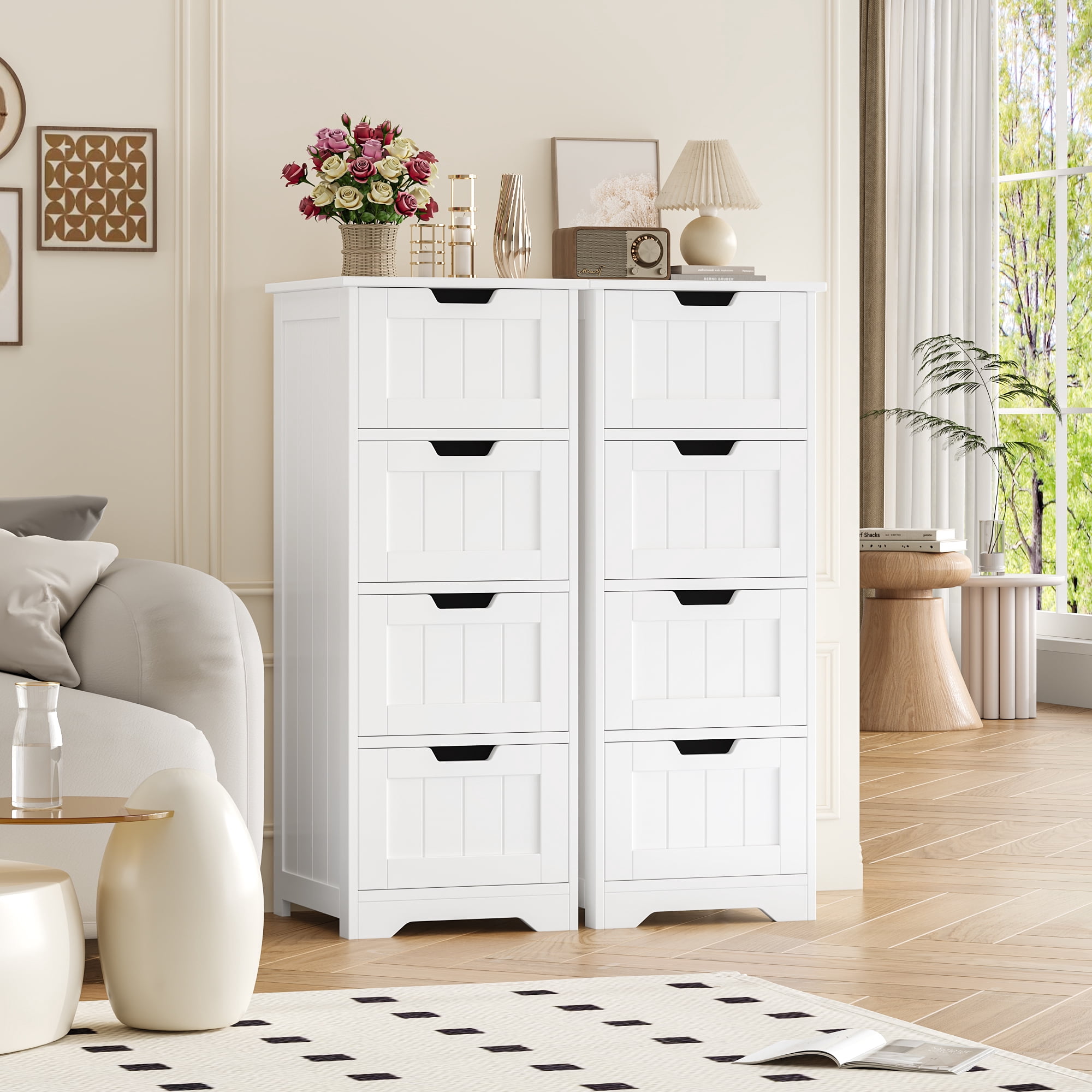 Homfa Bathroom Storage Cabinet, Free Standing Narrow Cabinet with 4 Drawers Entryway Storage Organizer for Living Room Bedroom, 2PCS, White