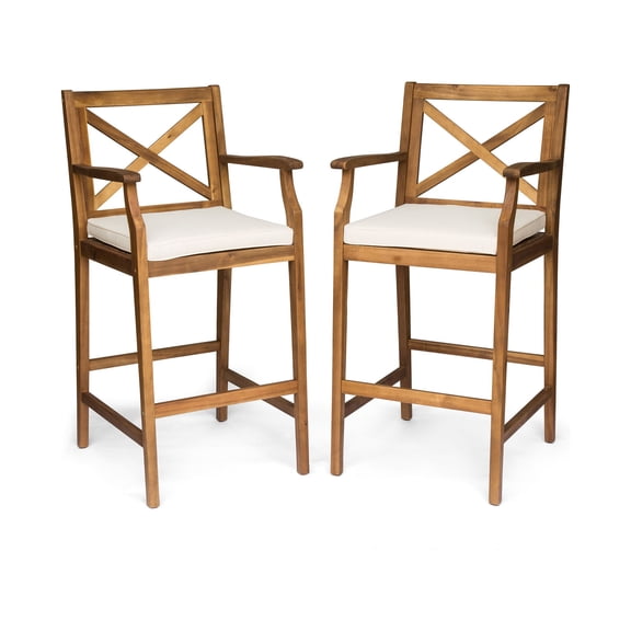 Logan Outdoor Acacia Wood Barstool, Teak and Cream
