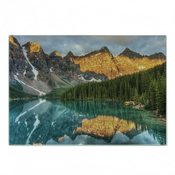Nature Cutting Board, Moraine Lake Canadian Mountain Range with Creek Pine Forest Mother Earth Scenery, Decorative Tempered Glass Cutting and Serving Board, Small Size, Multicolor, by Ambesonne