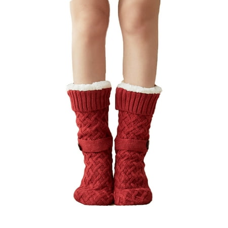 

Women Floor Socks Solid Color Knitted Fuzzy Fleece Liner Floor Socks with Anti-Slip Sole for Home Christmas 5 Colors