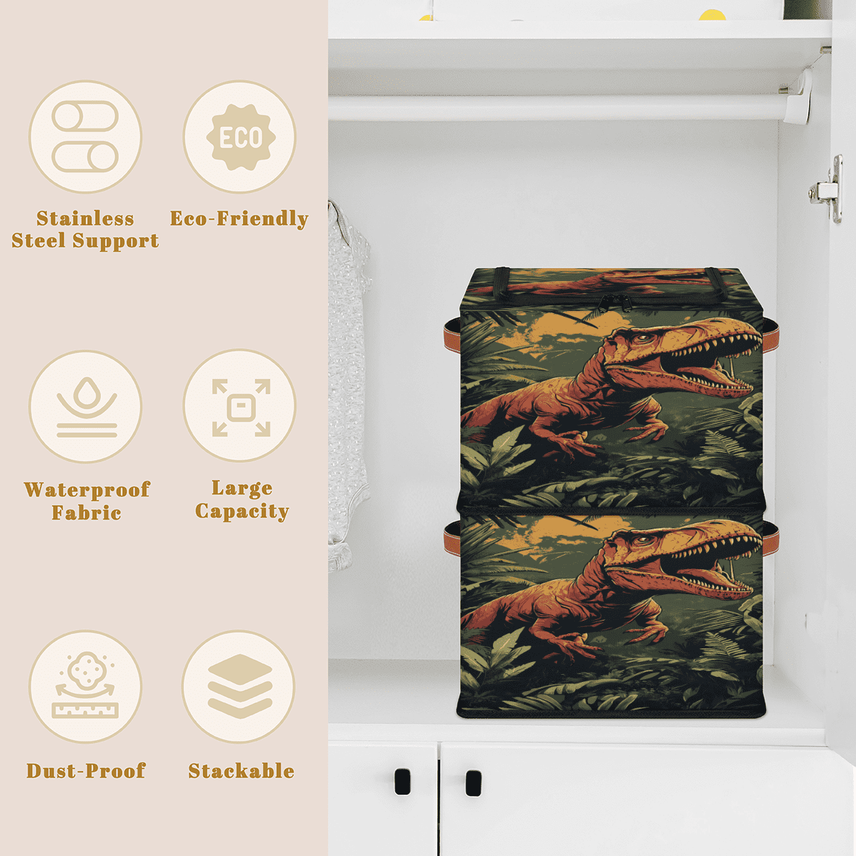 ADECORIVY Tropical Dinosaur Fabric Storage Bin with Lid, Decorative Closet Shelf Organizers, Tyrannosaurus Rex Foldable Basket Box Clothes Storage Bin with Handles