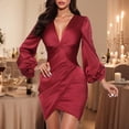 thumbnail image 2 of Vestido midi formal plisado para mujer - Vestido de cóctel con escote en V profundo y cremallera, 2 of 6