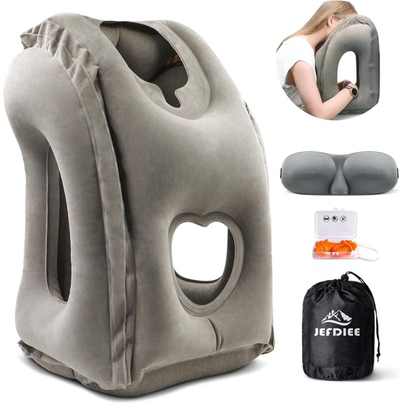 Inflatable Travel Pillow, Airplane Neck Pillow Comfortably Supports Head and Chin for Airplanes, Trains, Cars Office Napping on The Tray Table (Grey)