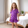thumbnail image 4 of NIPAXO Girls Pajamas Set Short Sleeve Button-Down Solid Purple Piping Shorts Sleepwear Satin for Kids, 4 of 8