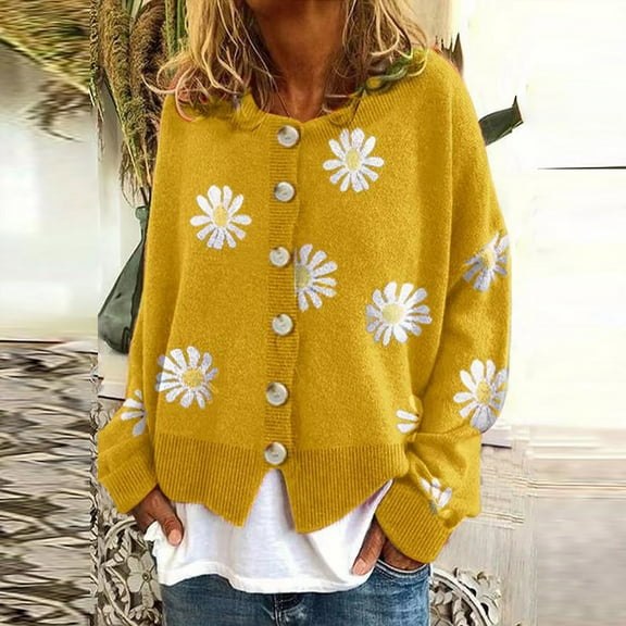 AOOCHASLIY 2023 Women Tops Women's Fashion Winter Casual Floral Printed Long Sleeve Knitted Cardigan Sweater Coat Tops