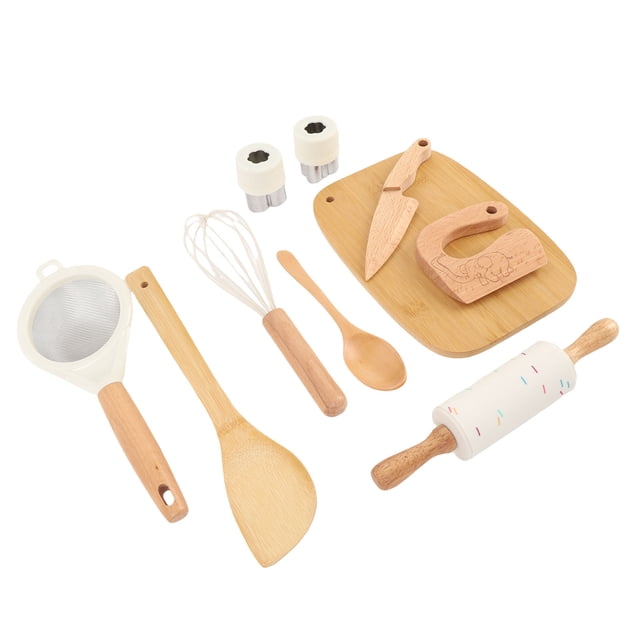 Toy 10PCS Wooden Play Kitchen Accessories Toys with Chopping Board Spoon Shovel Pretend Cookware Cooking Utensils Play Set