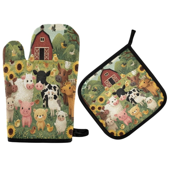 2PCS Pot Holders and Oven Mitts Sets Cooking Gloves Kitchen Gloves Heat-Resistant Non-Slip for Baking Cooking Farm Animal Scene