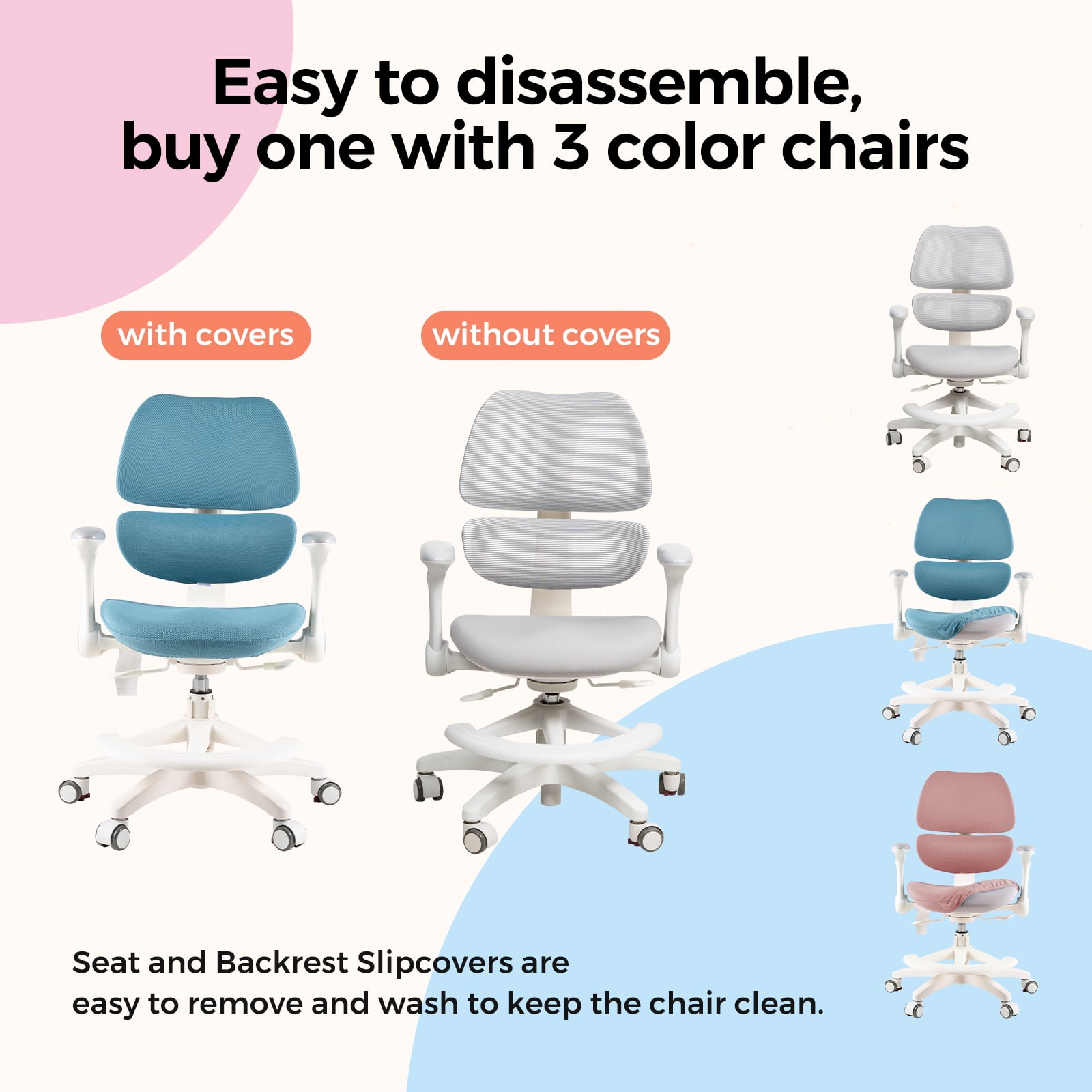 Kids Study Desk Chair, Ergonomic Adjustable Height  Chair for Childer , Swivel Mesh Desk Chair with Wheels, Home Office Chair for Children in Home Bedroom-Includes 2 Free Chair Covers