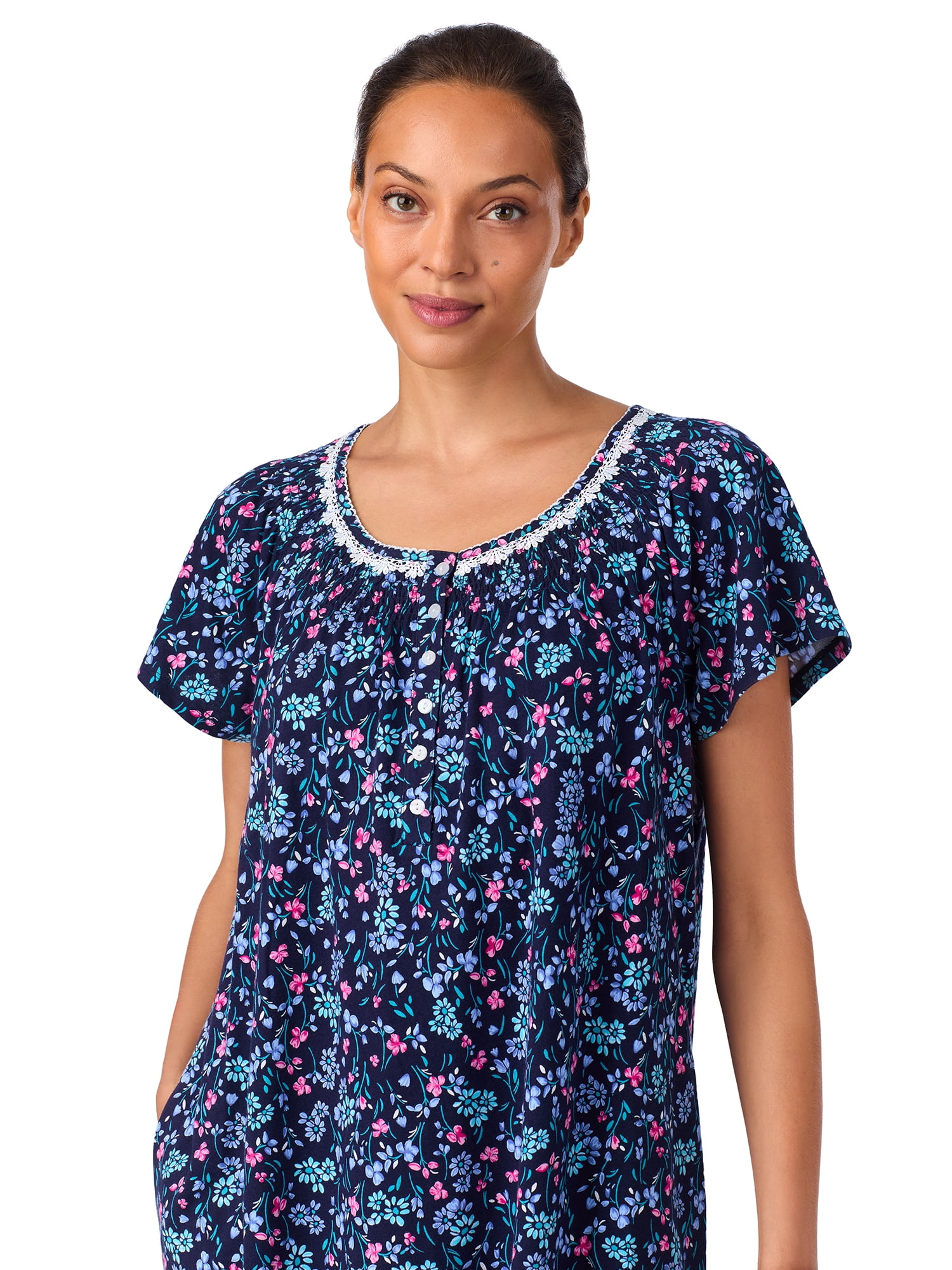 Aria Women's 100% Cotton Raglan Sleeve Smocked Neck 40" Sleepwear Gown, Sizes XS-5X