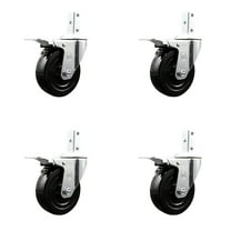 4 Inch Hard Rubber Wheel Swivel 7/8 Inch Square Stem Caster Set Total Lock Brake