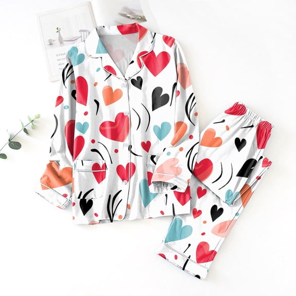 Silk Pajama Sets for Women 2 Piece Womens Valentines Outfit Long Sleeve Button-Down loungewear set Heart Print Pajamas for Women