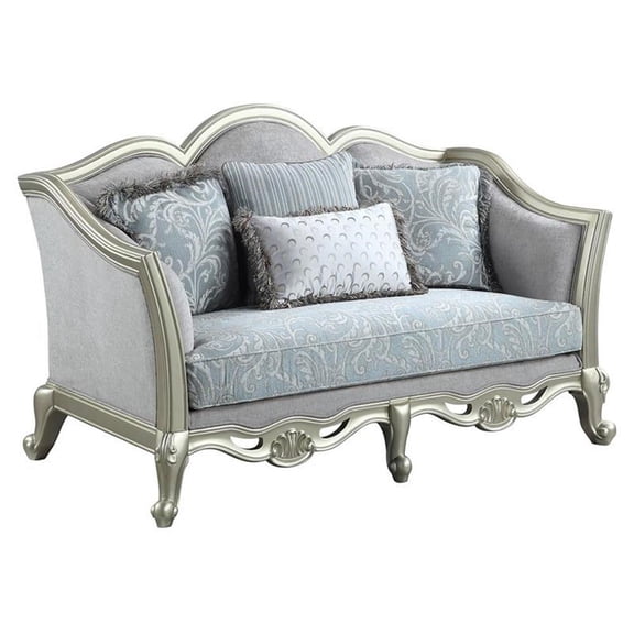 ACME Qunsia Loveseat with 4 Pillows in Light Gray Fabric and Champagne