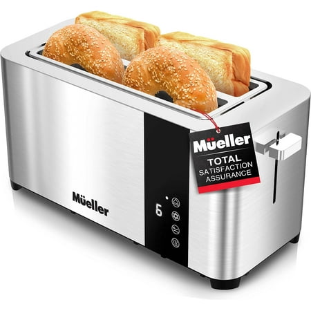 Mueller UltraToast Full Stainless Steel Toaster 4 Slice, Long Extra-Wide Slots with Removable Tray, Cancel/Defrost/Reheat Functions, 6 Browning Levels with LED Display