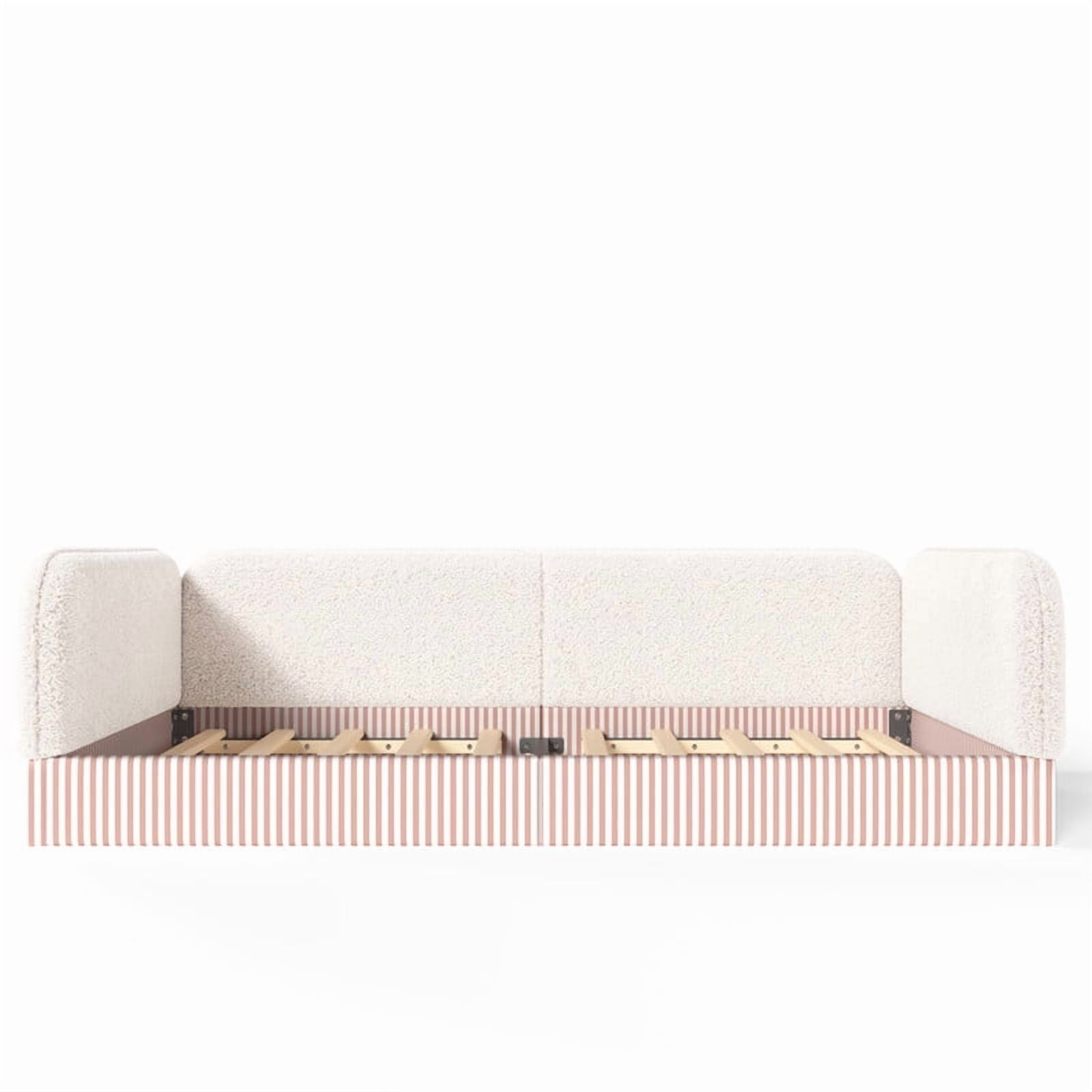 Full Size Upholstered Floor Daybed Frame for Kids, Half-Enclosed Montessori Platform Bed with 3-Sided Surrounding Guardrails