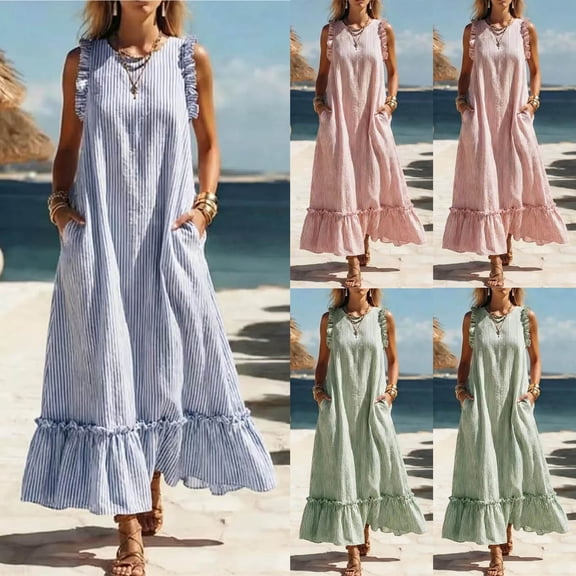 VBVC Women's Striped Ruffle Trim Sleeveless Maxi Dress , Summer Casual Beach Loose Dress For Women , Ladies' Vacation Long Dress with Pockets,Blue,S-3XL