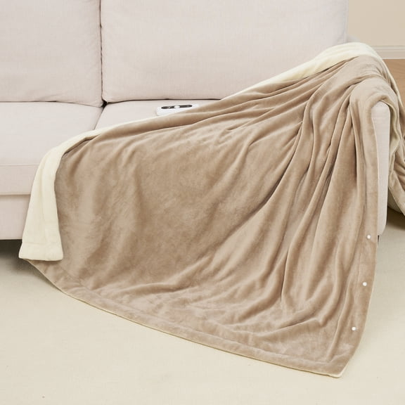 MaxKare Heated Throw Blanket, OEKO TEX Certified,  Electric Blanket with 6 Heat Levels, 4H Auto-off, 3 Button Adjust Fix, Beige & Linen Flannel, 50" x 72"