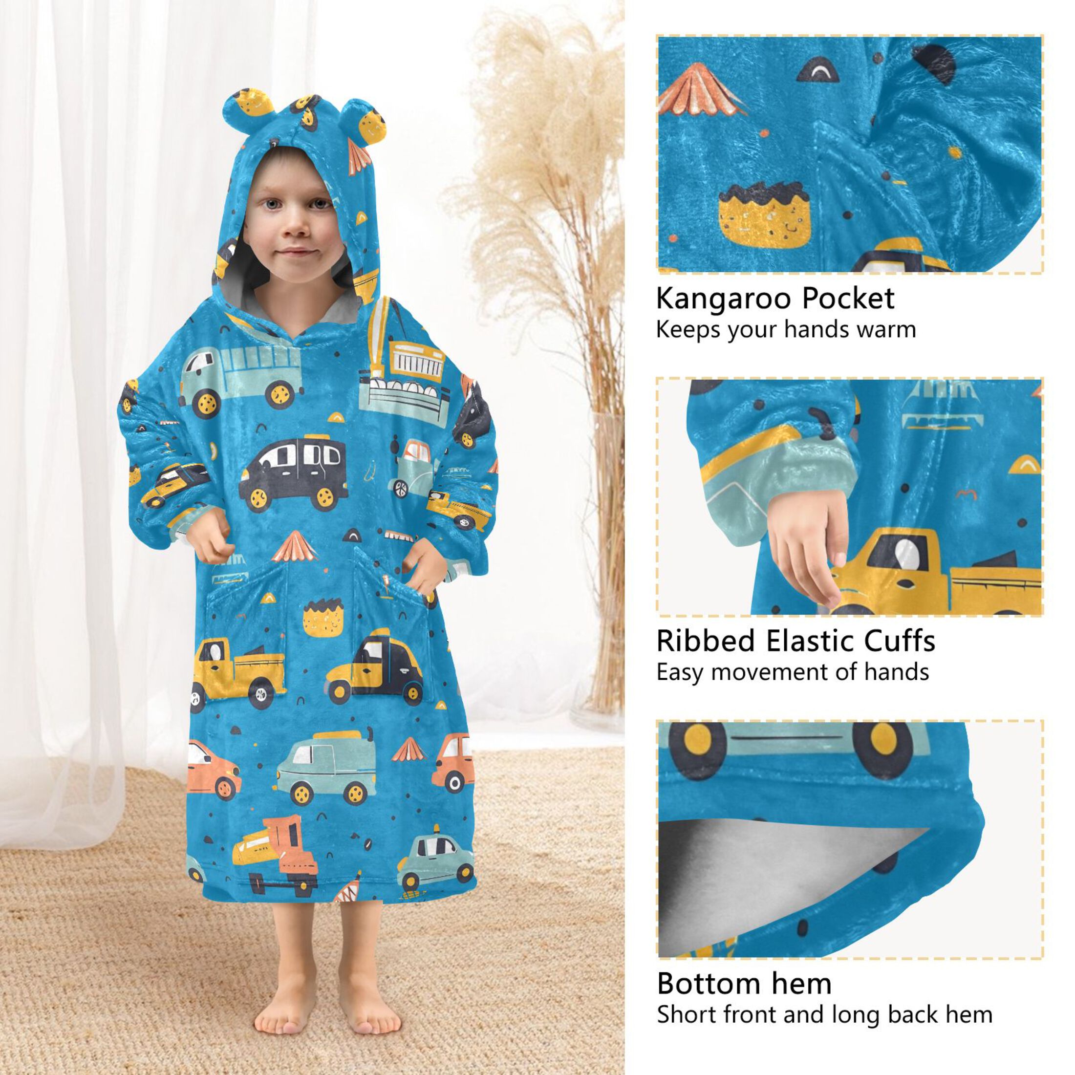 joogoo Wearable Blanket Hoodie for Kids Cartoon Trucks Cars on Blue Flannel Oversized Sweatshirt 3-14 Years S