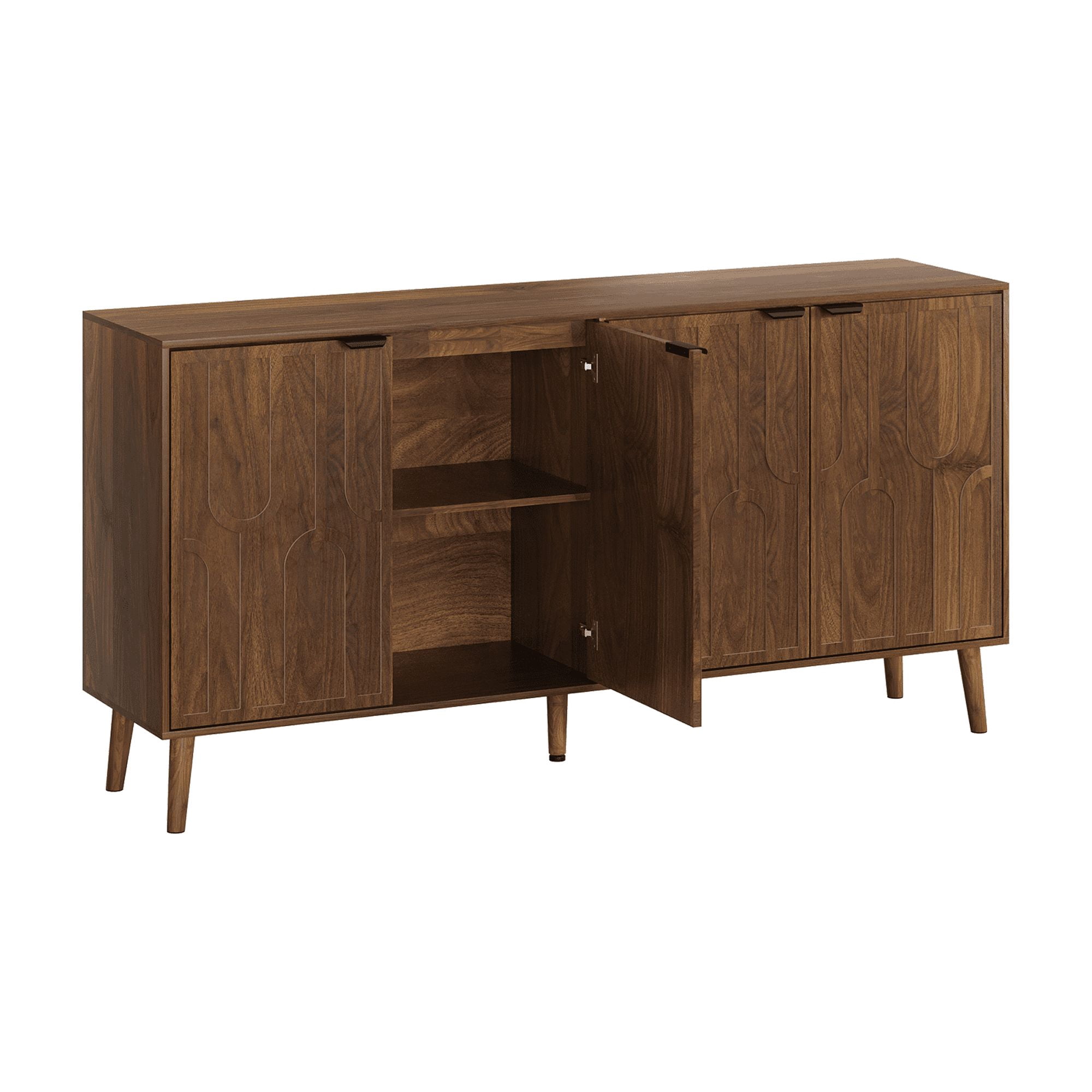 GARITIN Sideboard and Serving Cabinet 55 Inch, Mid Century Modern Storage Cabinet with 4 Doors and Metal Handles for Dining Room, Walnut