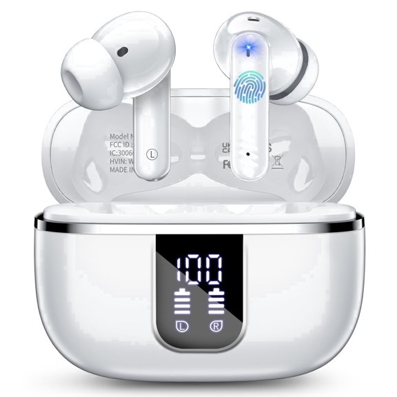 Wireless Earbuds Bluetooth Noise Cancelling Ear Buds for iPhone Android Sports Workout, 38H Playtime, Microphone Deep Bass Stereo, LED Display, Waterproof in Ear Earphone, White