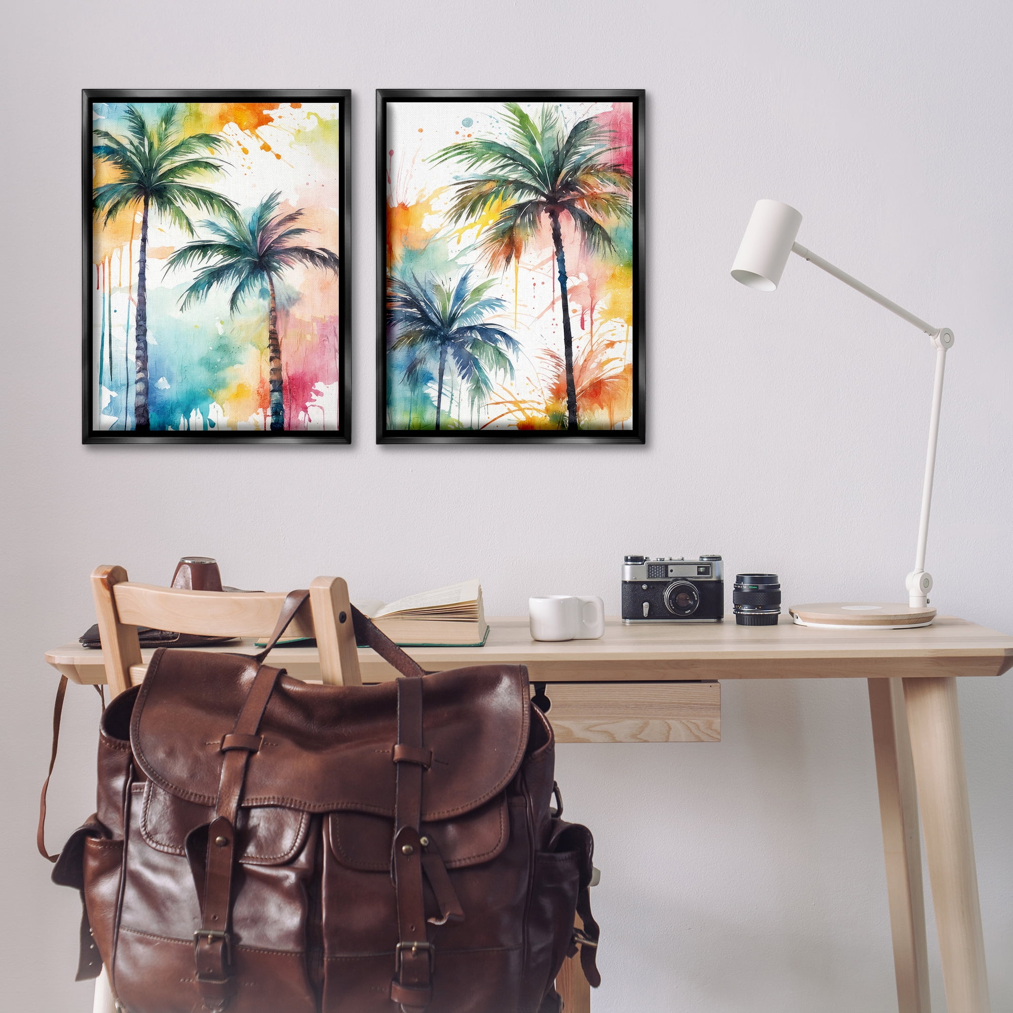 Stupell Industries Watercolor Splash Towering Palms Plants & Flowers Painting Black Floater Framed Canvas Art Print Wall Art, 21 x 31, Set of 2