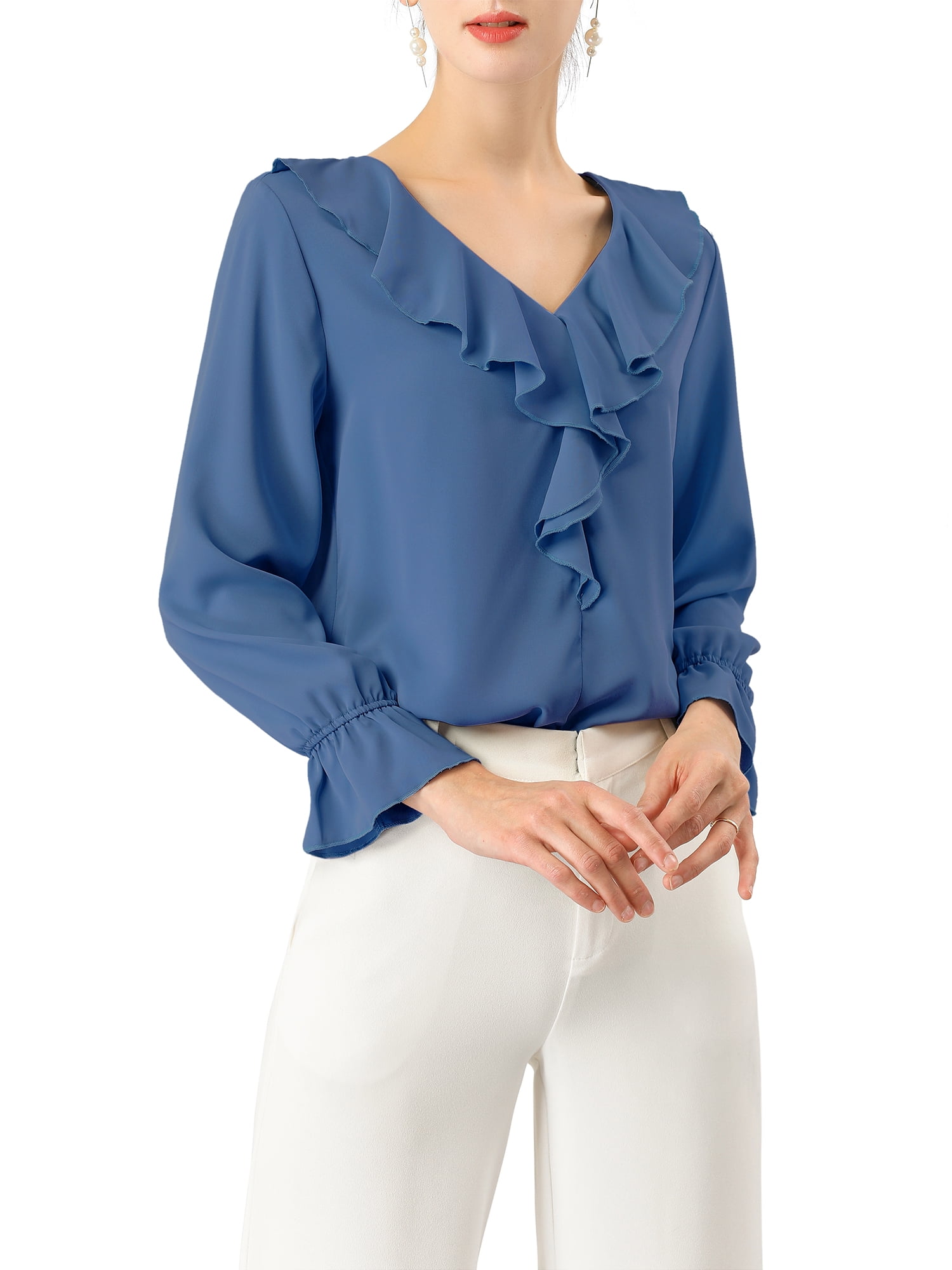 DARING DIVA Women's Ruffle V Neck Chiffon Peasant Blouse L Dusty Blue