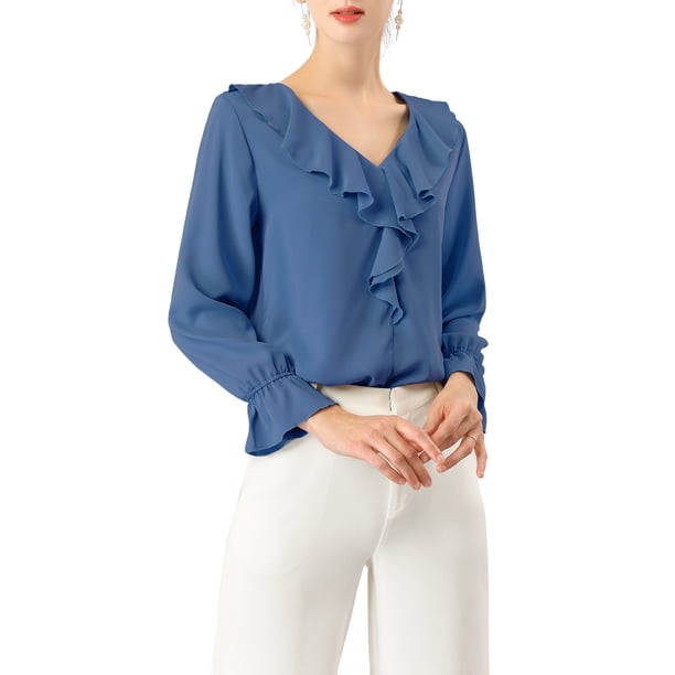Blusa con volantes para mujer INSPIRE CHIC, elegante, con cuello en V, de manga larga, ideal para el trabajo, talla XL, azul polvo