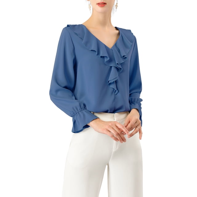Blusa con volantes para mujer INSPIRE CHIC, elegante, con cuello en V, de manga larga, ideal para el trabajo, talla XL, azul polvo