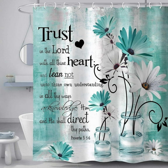 Rustic Farmhouse Shower Curtain, Farm Teal Daisy Bible Verse Inspirational Motivational Quote Bath Curtains, Country Wooden Turquoise Blue Bathroom Shower Curtains with Hooks, 72X72IN