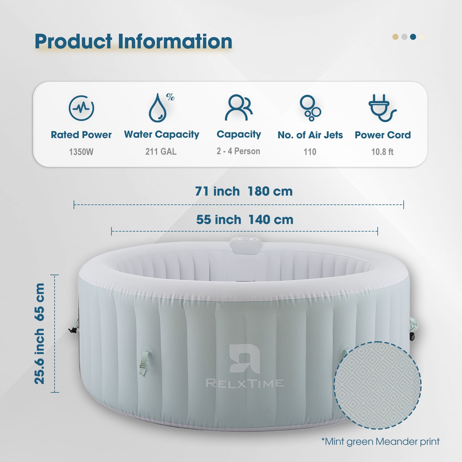 RELXTIME 4 Person Inflatable Spa Round Portable Blow up Hot Tub with 110 Soothing Air Jets