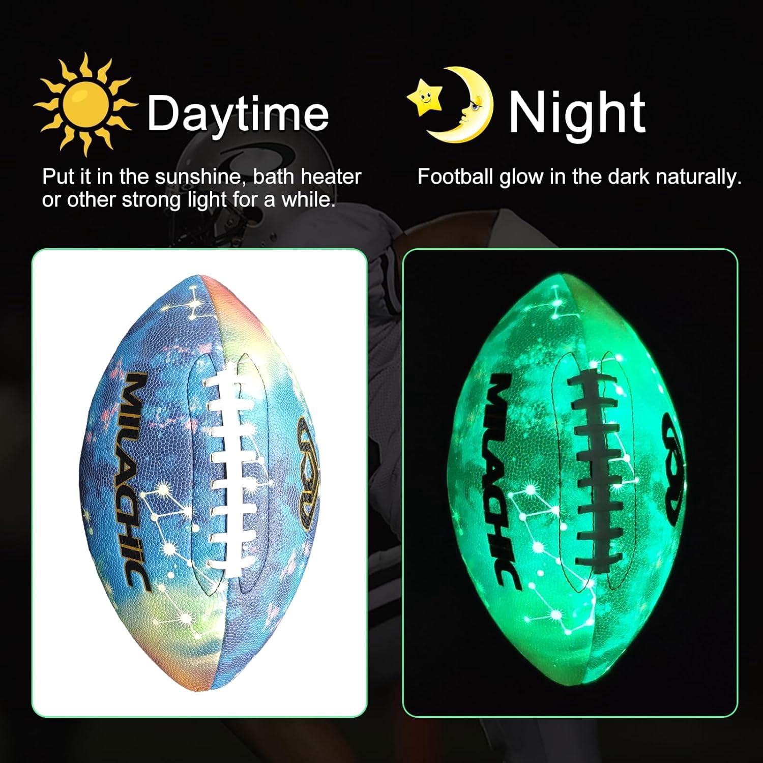 Football Glow in The Dark Football Size 9 & Youth Size 6, Luminous Glowing Football Super Grip Composite Leather Football Balls with Pump and Ball Carry Bag