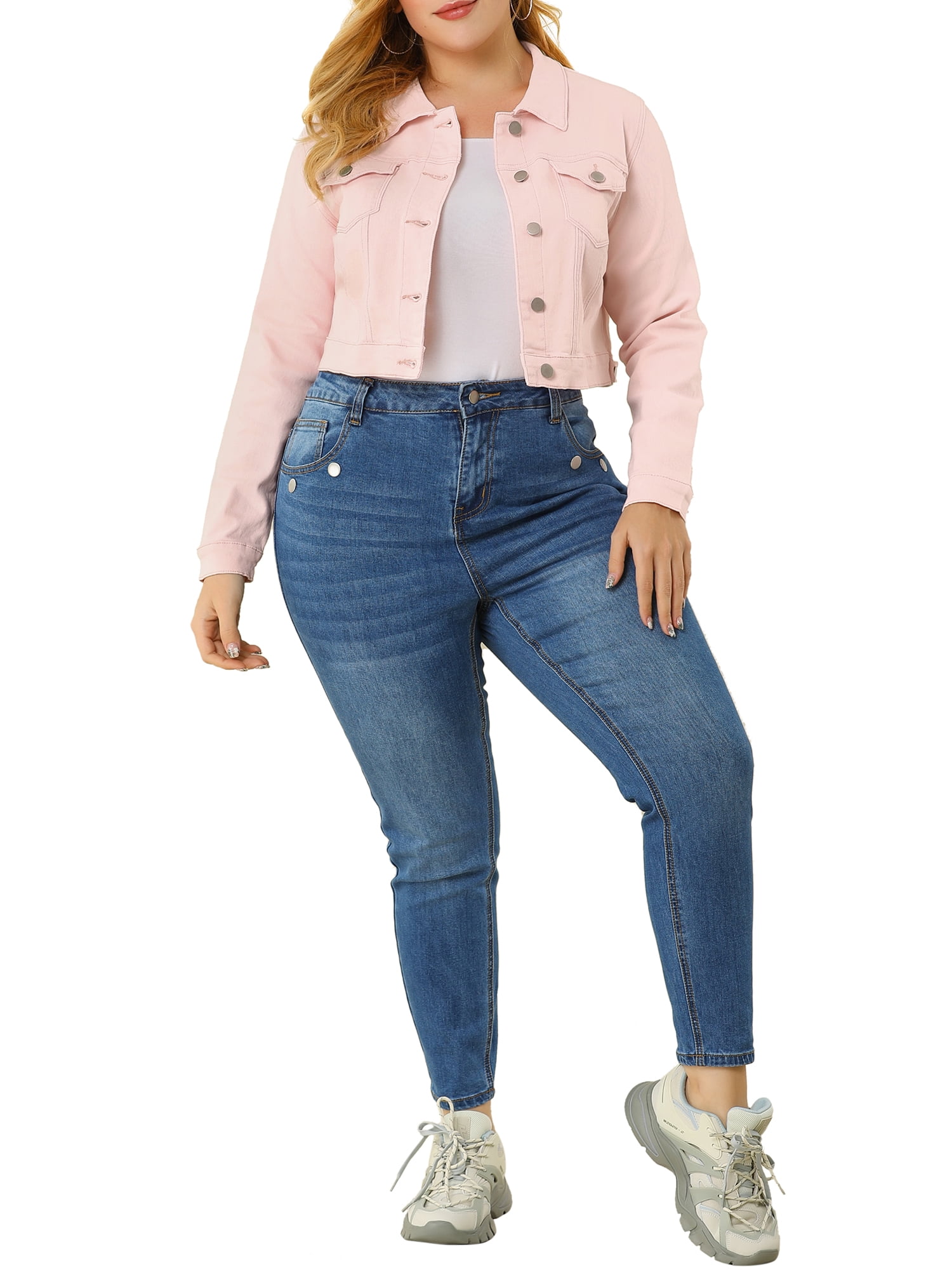 Unique Bargains Women's Plus Size Long Sleeve Jean Jacket Button Cropped Denim Jacket