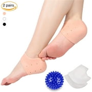 Plantar Fasciitis Heel Sock Arch Pad Heel Pain Relief Protectors 2 pairs with 1 Foot Massage Ball-Foot Inserts Protect Bone and Heel Spurs(White+Skin)