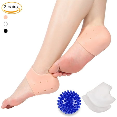 Plantar Fasciitis Heel Sock Arch Pad Heel Pain Relief Protectors 2 pairs with 1 Foot Massage Ball-Foot Inserts Protect Bone and Heel Spurs(White+Skin)
