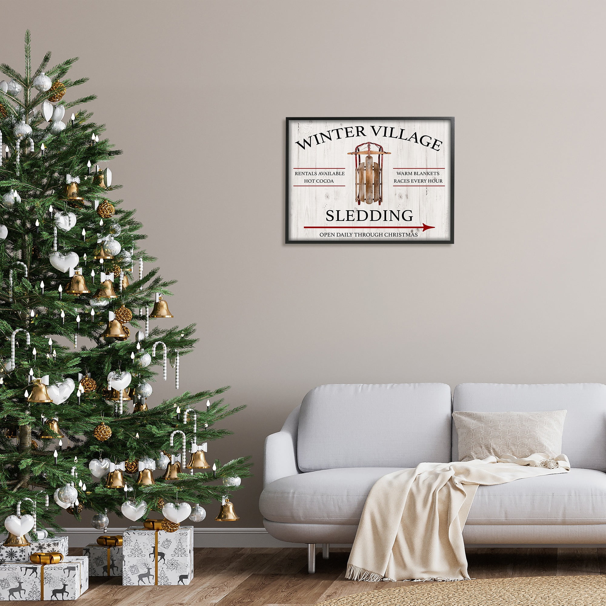 Stupell Industries Winter Village Sledding Holiday Painting Black Framed Art Print Wall Art, 30 x 24
