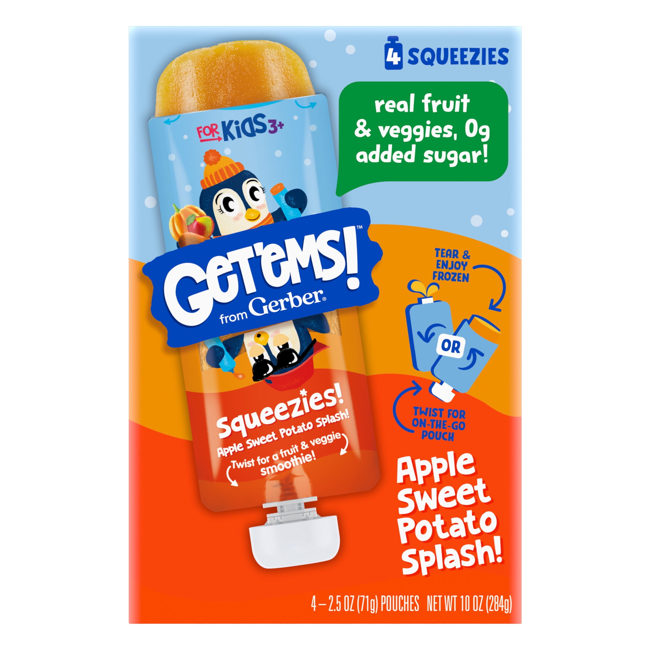 Gerber Get'ems Squeezies, Apple Sweet Potato Smoothie Pouches, Freezable Kids Snack, 2.5 oz Pouch (4 Pack)