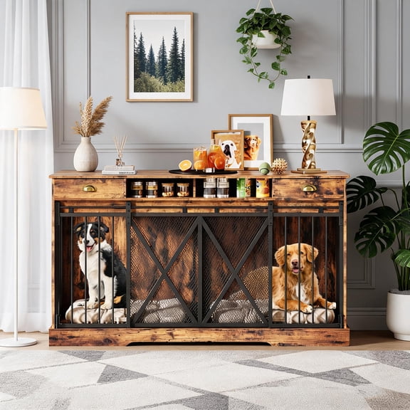 Tzou 63 inch Double Wooden Dog Crate Furniture With Divider, Sliding Doors, Storage Drawers, Indoor Kennel TV Stand