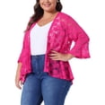 thumbnail image 4 of Cárdigans de talla grande para mujer Agnes Orinda, con frente abierto, mangas de campana 3/4, cobertura de encaje floral transparente, boleros y chaquetas 2X en rosa intenso, 4 of 6